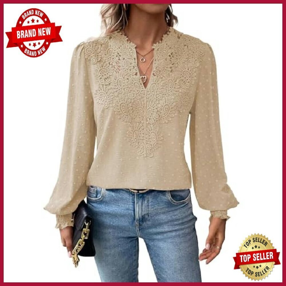 Swiss Dot Chiffon Blouse Long Sleeve V Neck Flowy Lace Hem - Picture 2 of 8